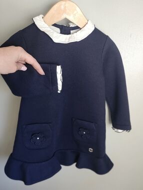Mayoral - Navy Blue Ruffle Hem Girls Dress with White Trim Size 24 Months